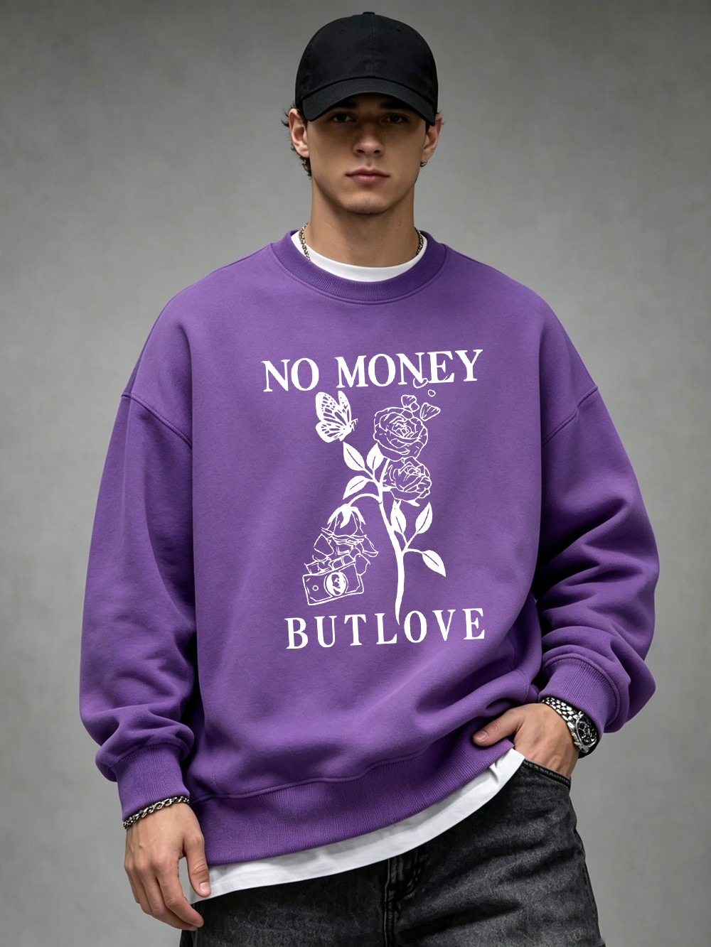Oversized Crewneck Fleece - No Money But Love Prints Men'S
