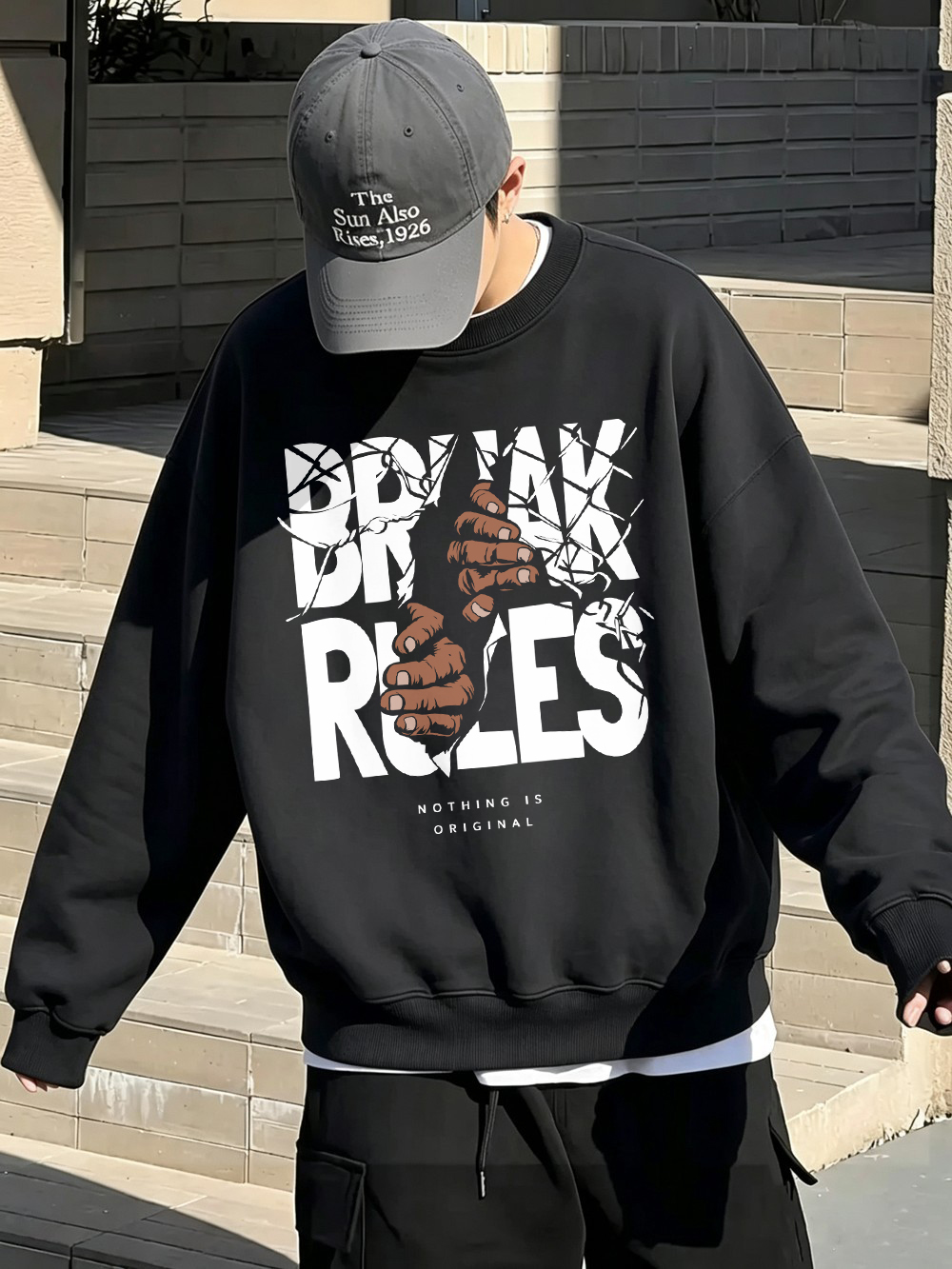 Oversized Crewneck Fleece - Break Rules Printed Men'S Sweatshirts Winter