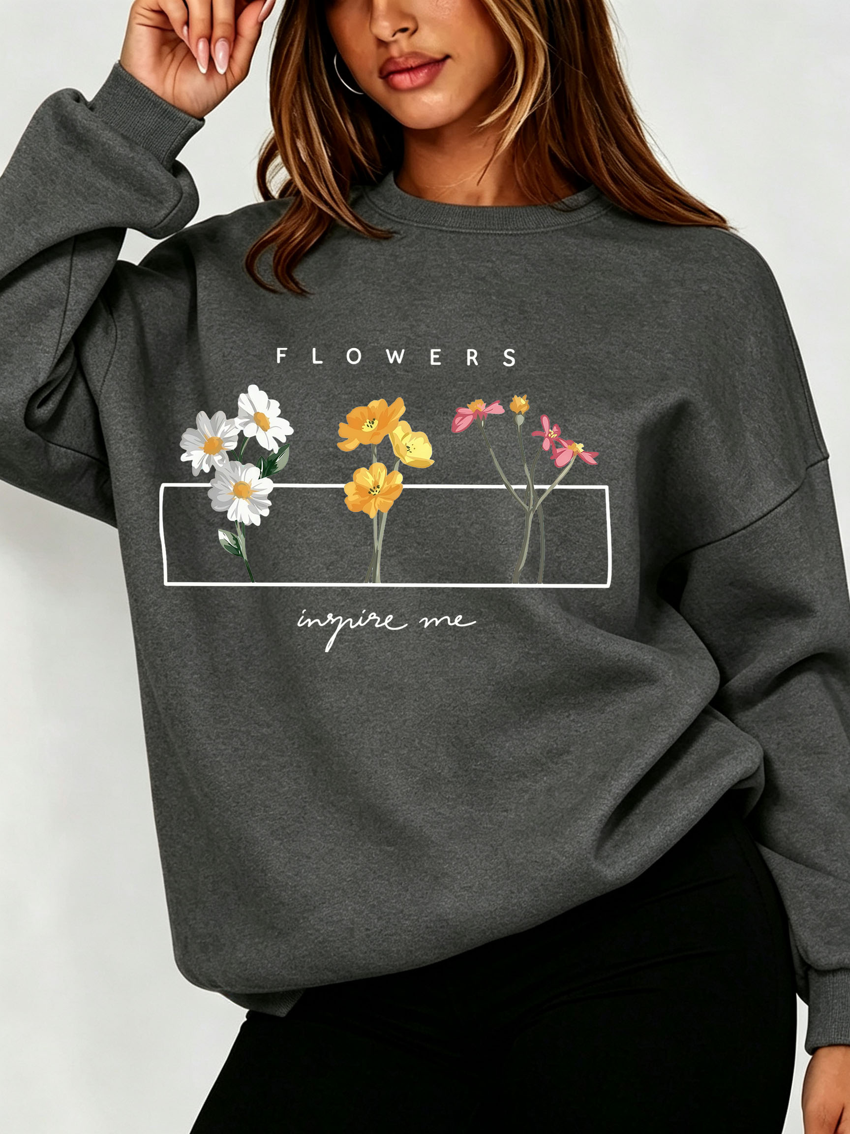 Women Daisy Floral Sweatshirt  - đánh giá và giá Oversized Crewneck Fleece